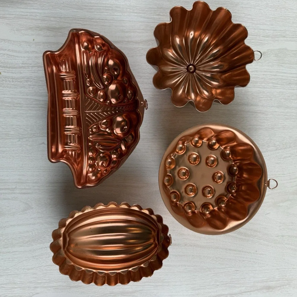 4 Vtg Copper Aluminum Jello Cake Molds Wall Hanging Fruit Basket Bunt Hobnail